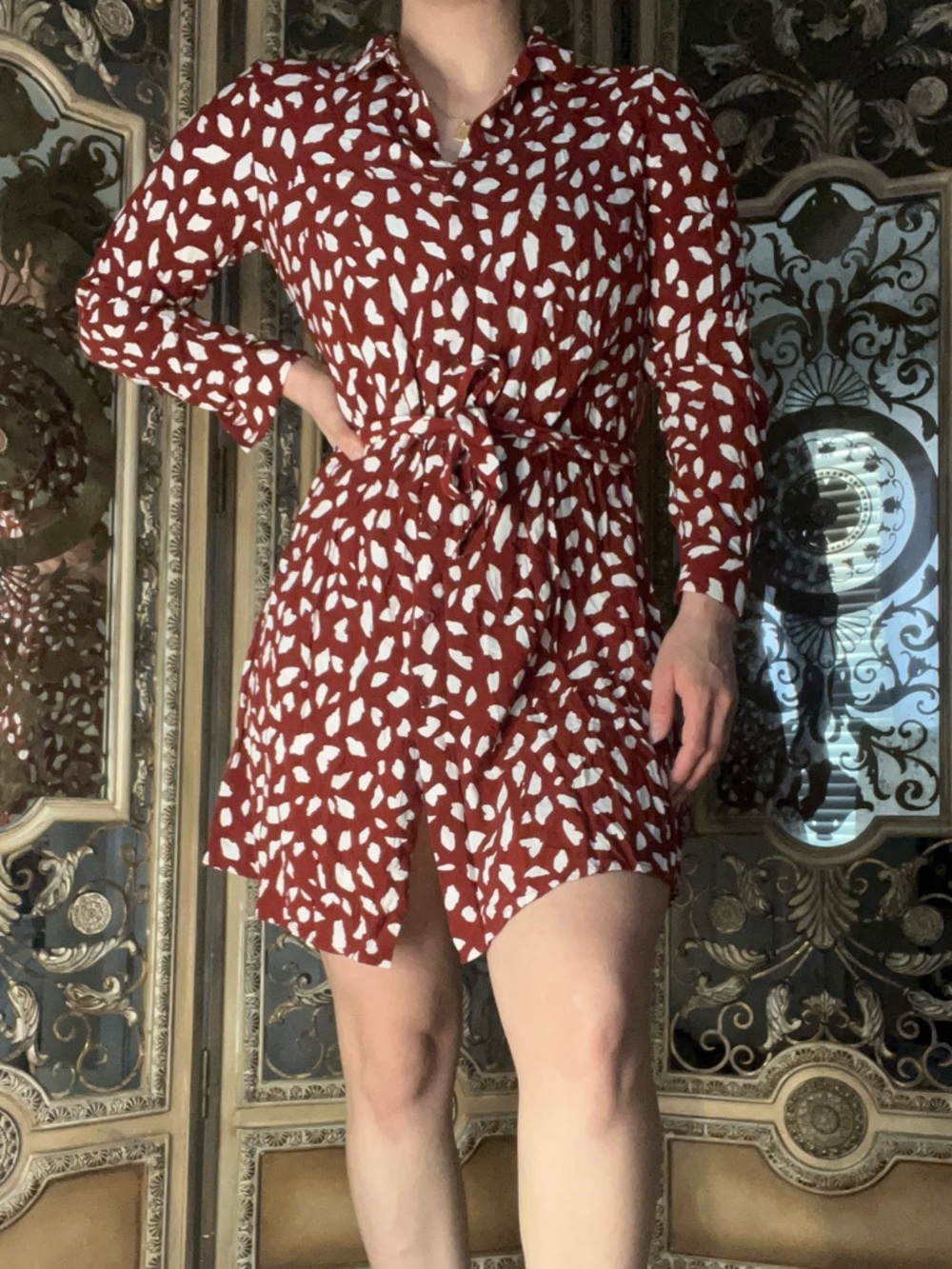 VILA Rust Red Shirt Dress with White Spot Print